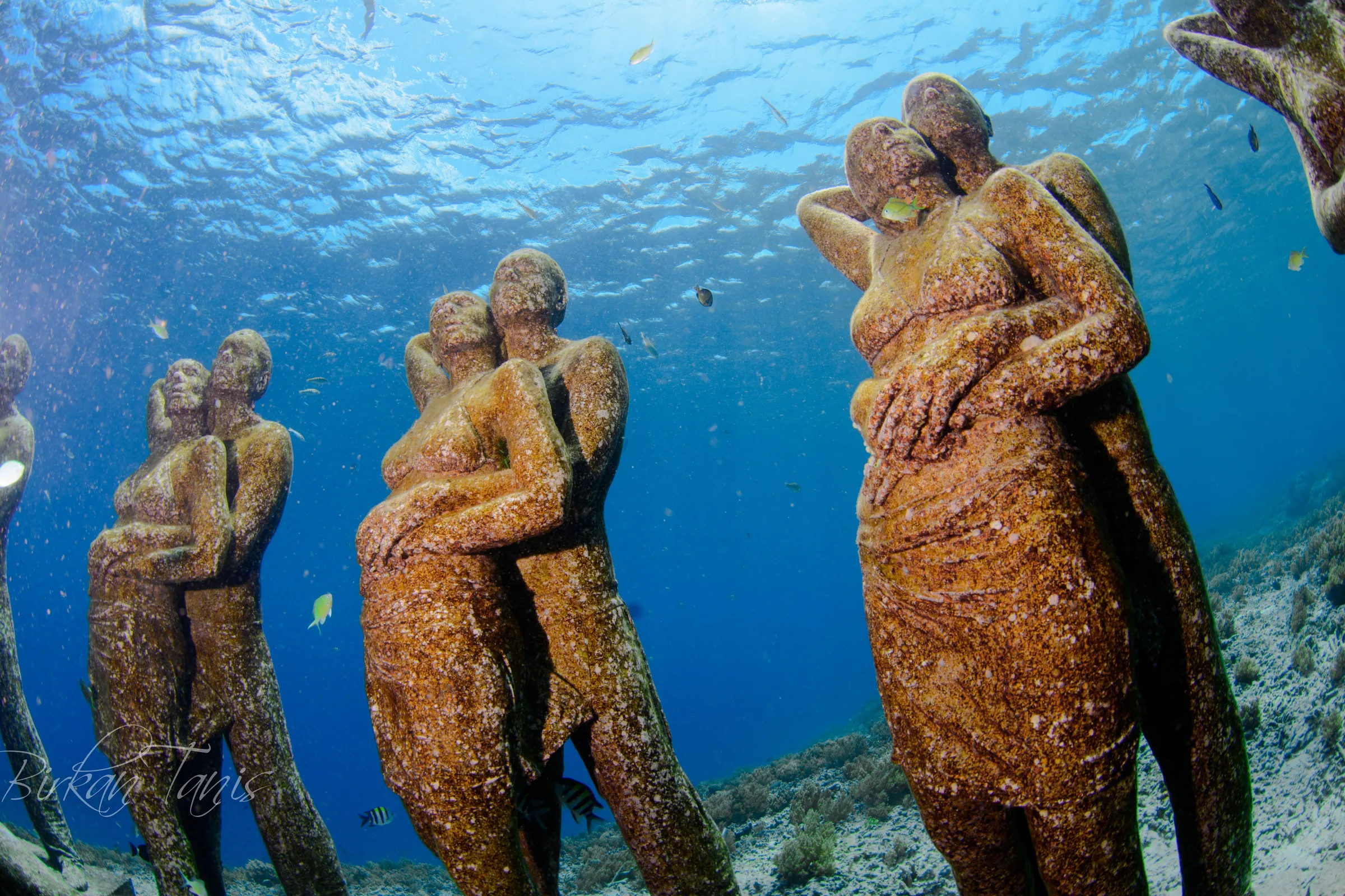 Statues embracing underwater