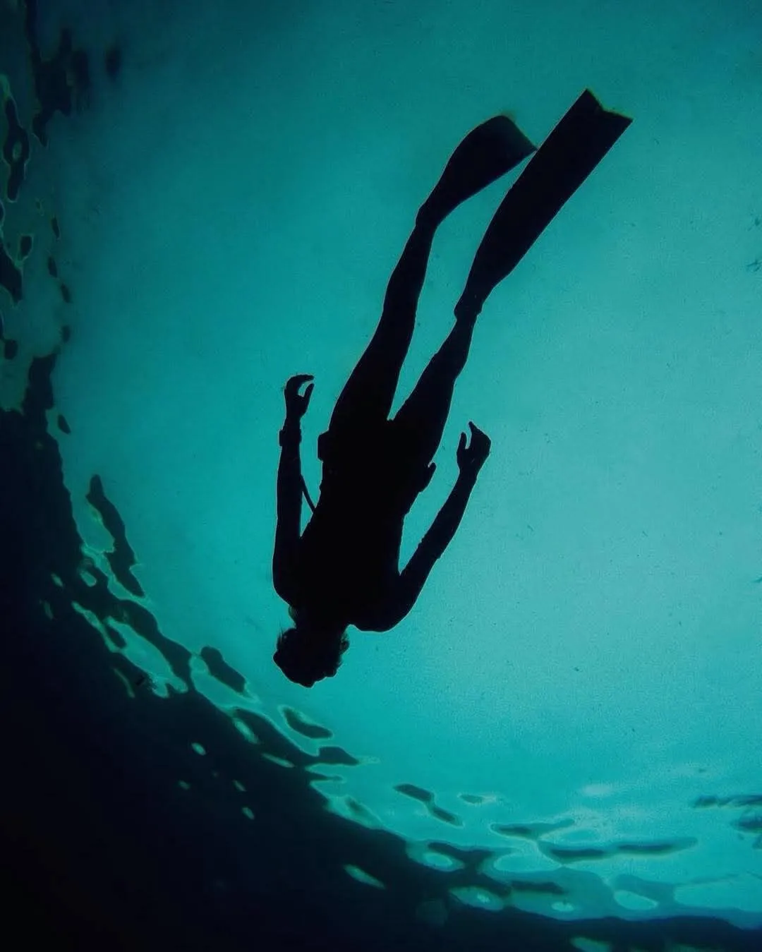 FreeDiver silhouetted with sunburst